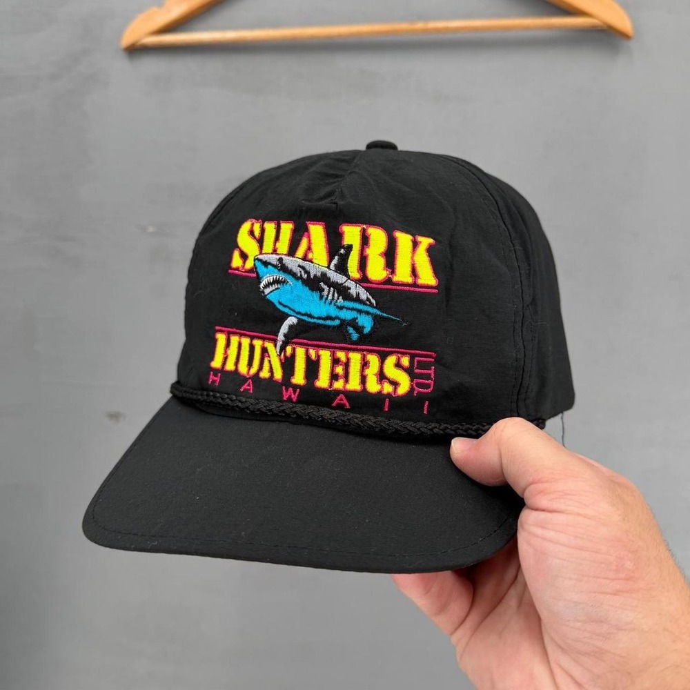 Vintage Hawaiian Headwear Shark Hunters Hawaii Hat Black Embroidered Rope Cap